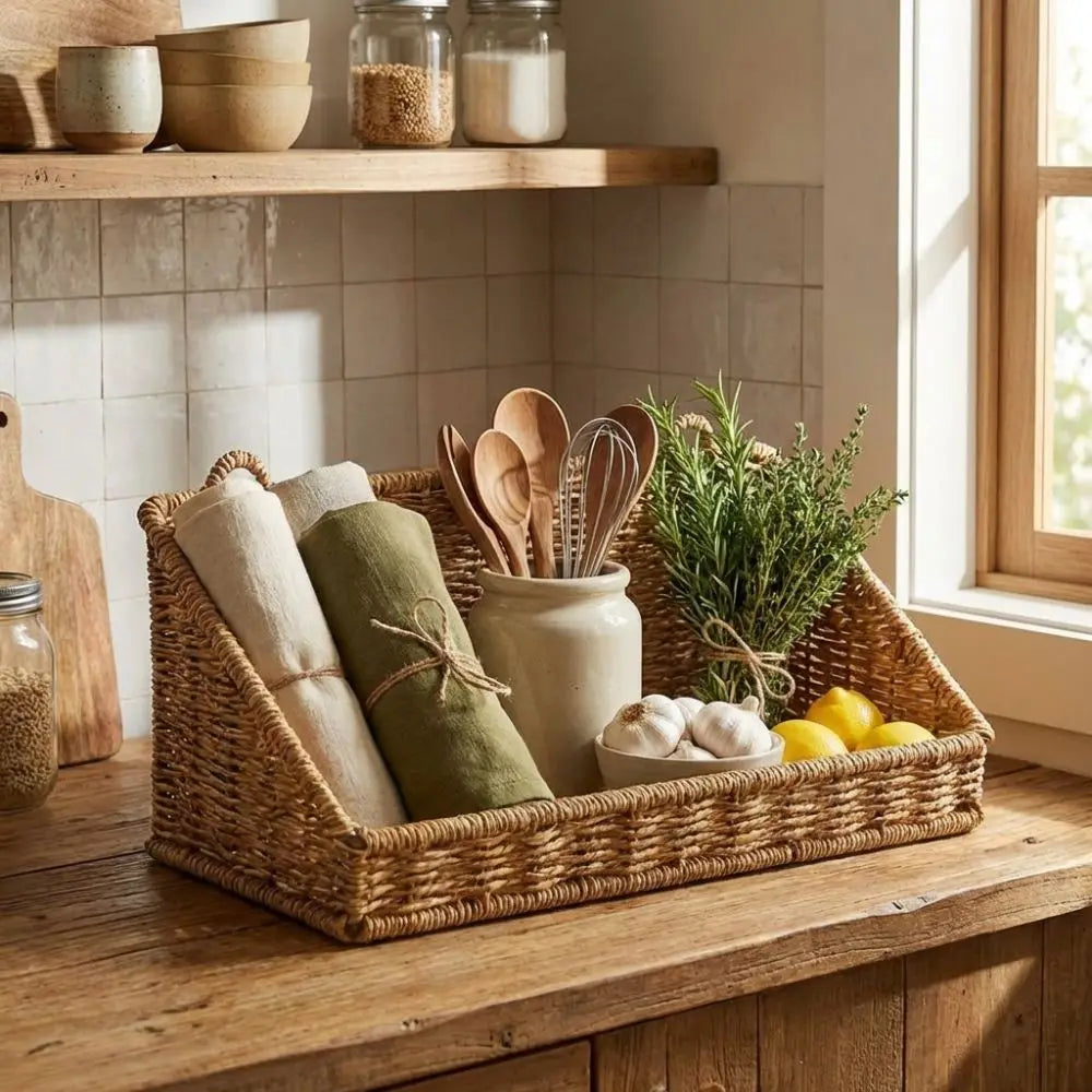 paniers rotin tressés naturel boho chic clips adhésifs serviettes cuillères citrons herbes pots tasses