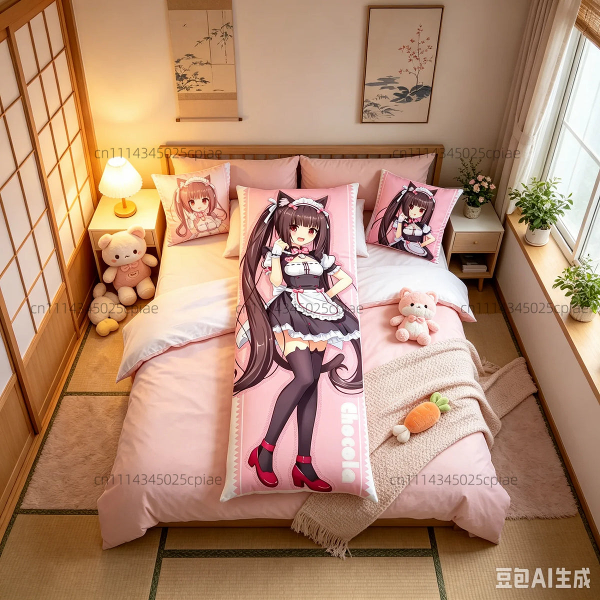 coussin long anime servante chats oreilles rose clair noir illustration fond uni lit polyester