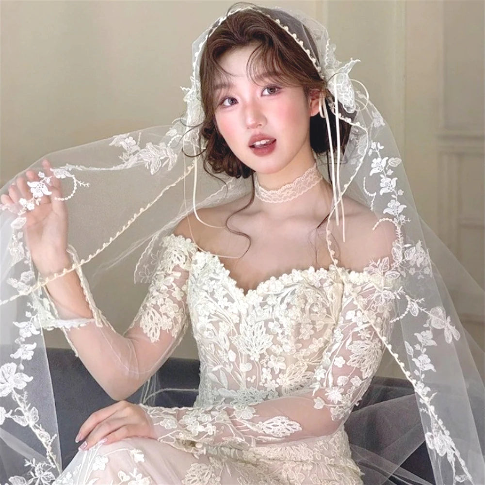 voile mariée blanc broderie florale transparente classique bord dentelleSizeMode fixation invisible