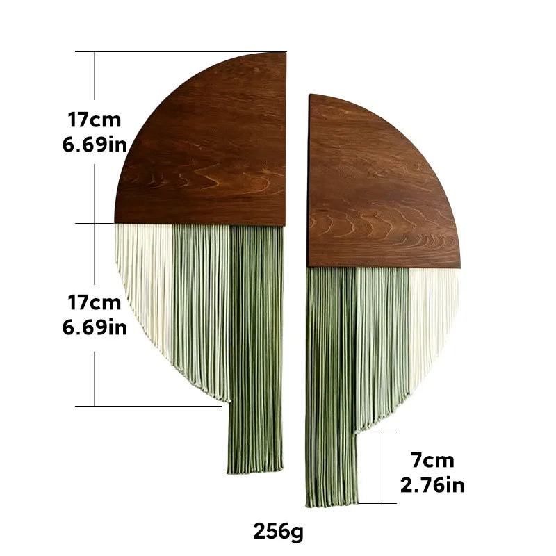 tableau mural bois naturel franges vert marron foncé contemporain decoration mur suspendu tissu textile