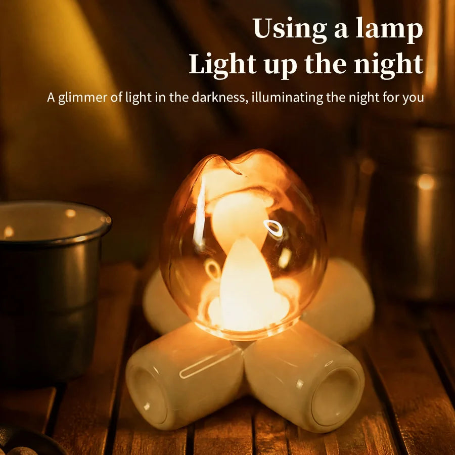 lampe led rechargeable effet flamme veilleuse moderne transparente base bois ambiance chambre portable camping