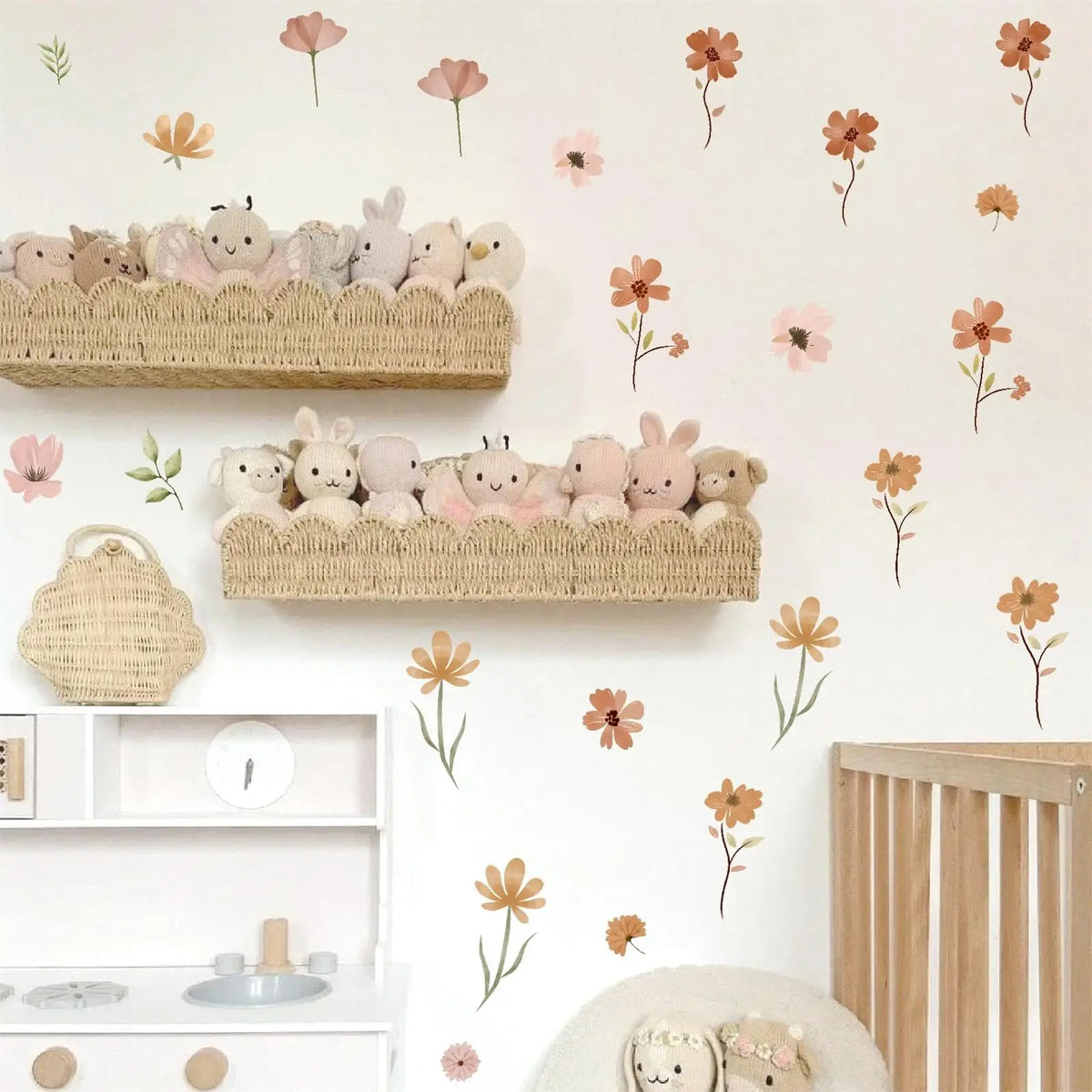 sticker mural fleurs orange rose vert clair adhésif décoration naturelle chambre enfant salon imperméable