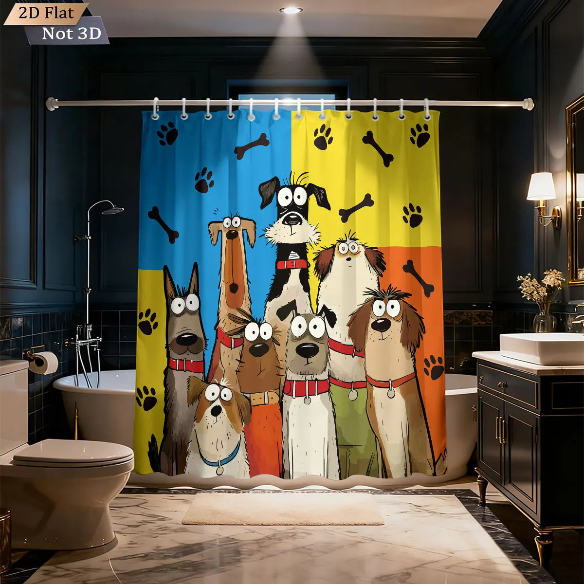 rideau douche imperméable dessins animés chiens bleu jaune opacité cartoon anneaux suspension polyester machine