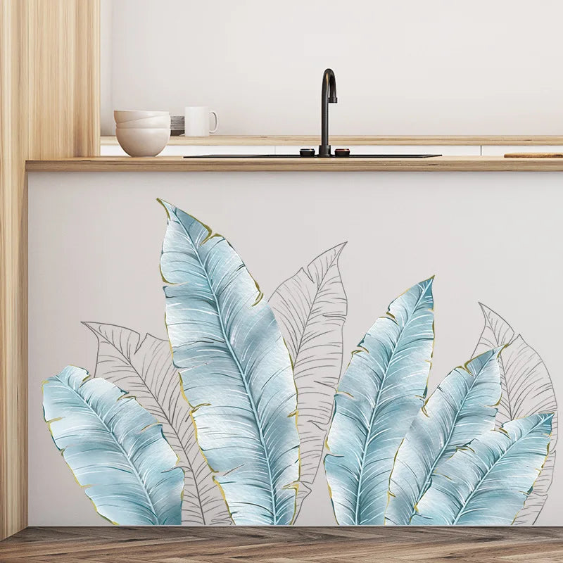 sticker mural feuilles palmier bleu clair blanc doré moderne décoration intérieure adhésif auto collant