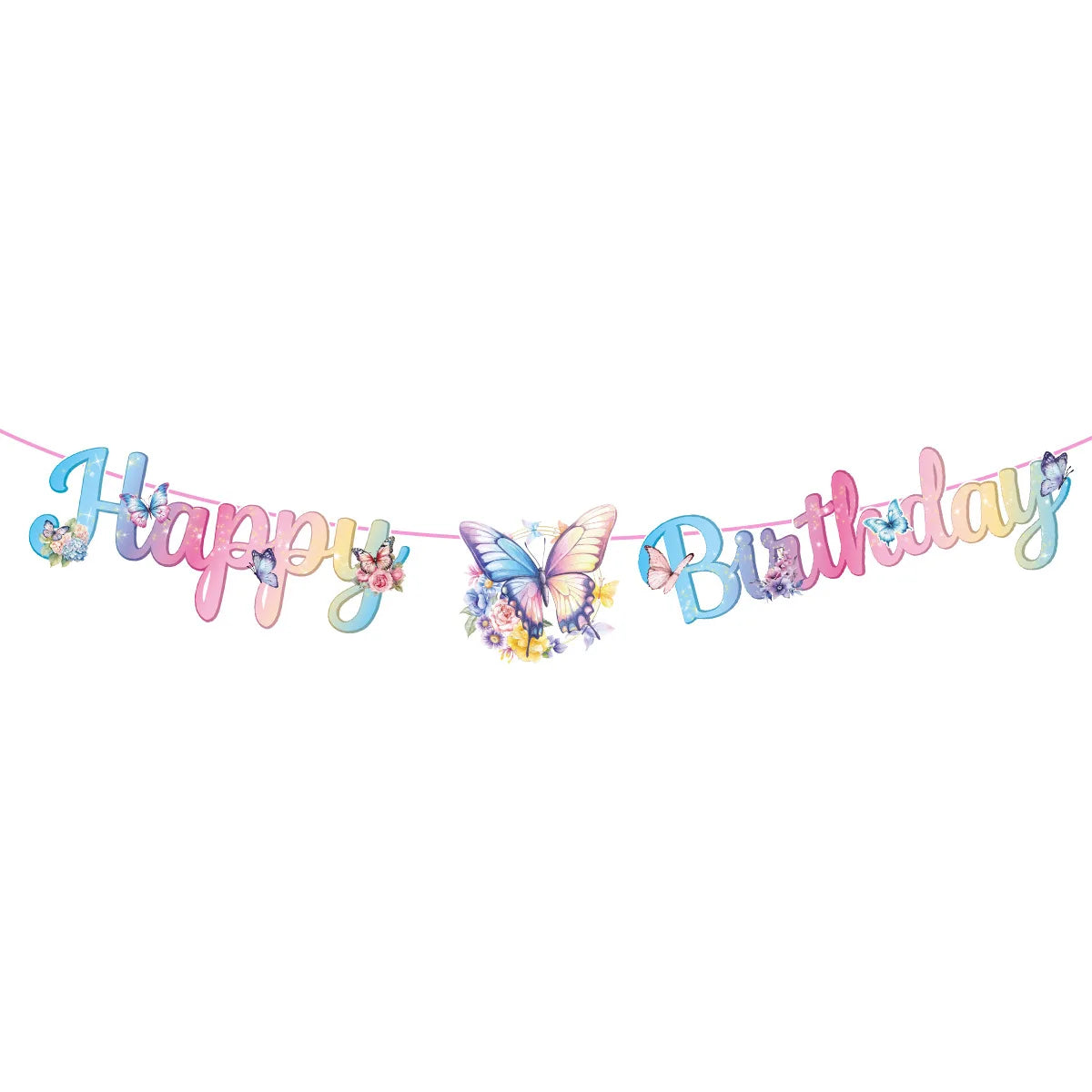 guirlande fête multicolore papillons happy birthday anniversaire enfant décoration papier bleu rose blanc festive