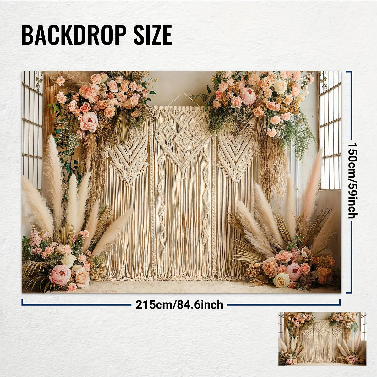 décoration murale bohème mariage macramé pampas fleurs herbes sèches rose poudré vert