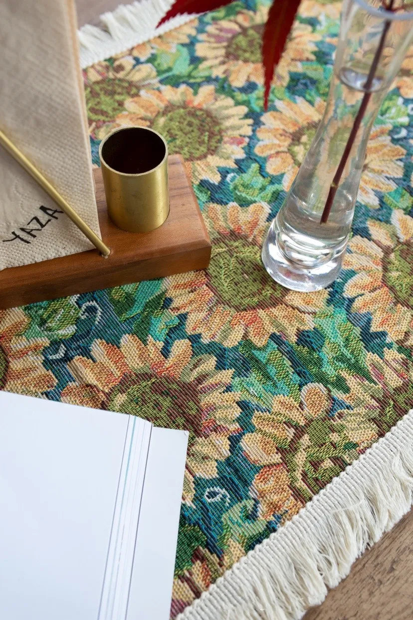 chemin table fleurs tournesols vert jaune coton polyester classique maison cuisine dcoration