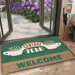 tapis d'entrée vert beige motif central perk tasses bienvenue moderne antidérapant résistantextérieurintérieur