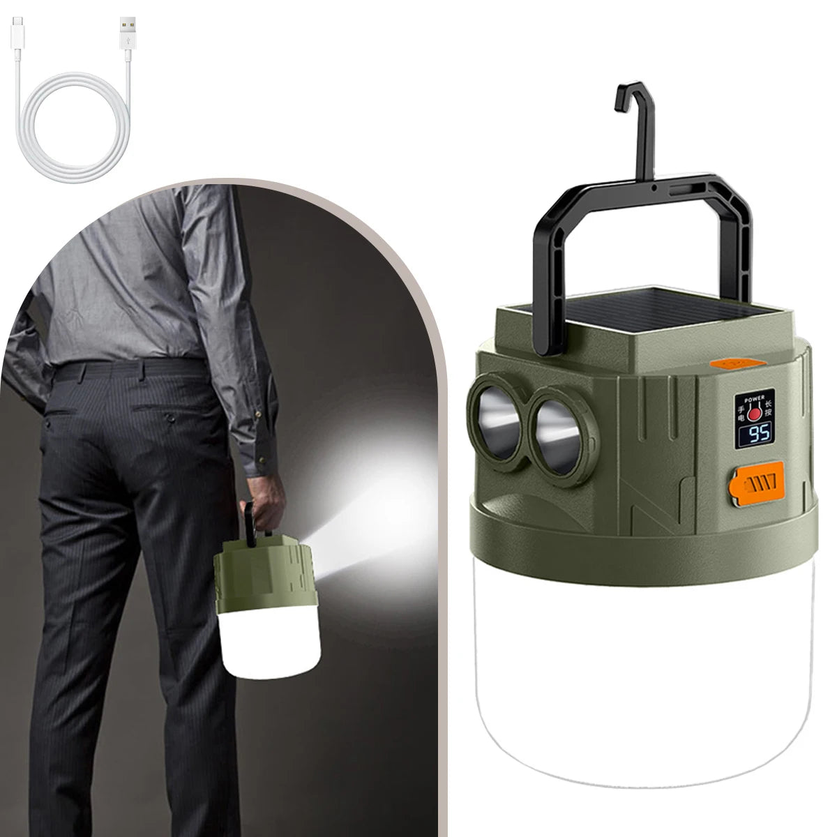lampe camping vert olive rechargeable solaire affichage numerique poignee amovible autoinstallation robuste texture mat