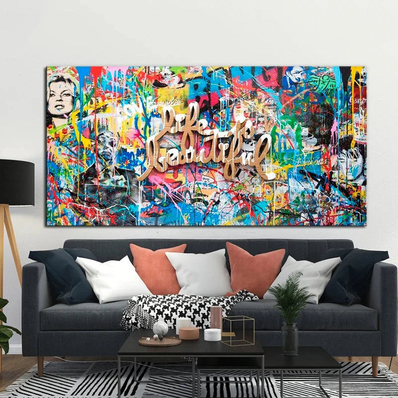 impression toile graffiti abstraite art urbain contemporain texturée couleur vives décoration murale chambre salon