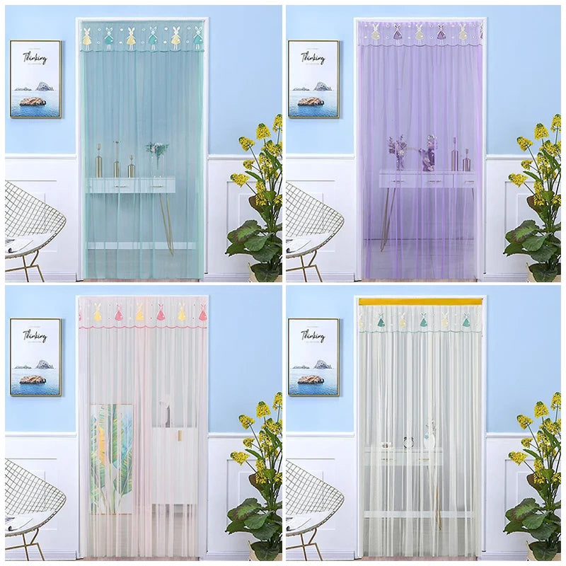 rideau moderne transparent rayures vertes bordure brodée élégant anti moustiques porte auto agrippante