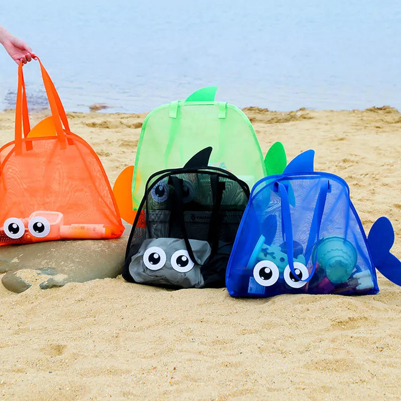 sac plage enfant orange vert bleu noir poisson transparent pelle seau jouet