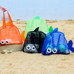 sac plage enfant orange vert bleu noir poisson transparent pelle seau jouet