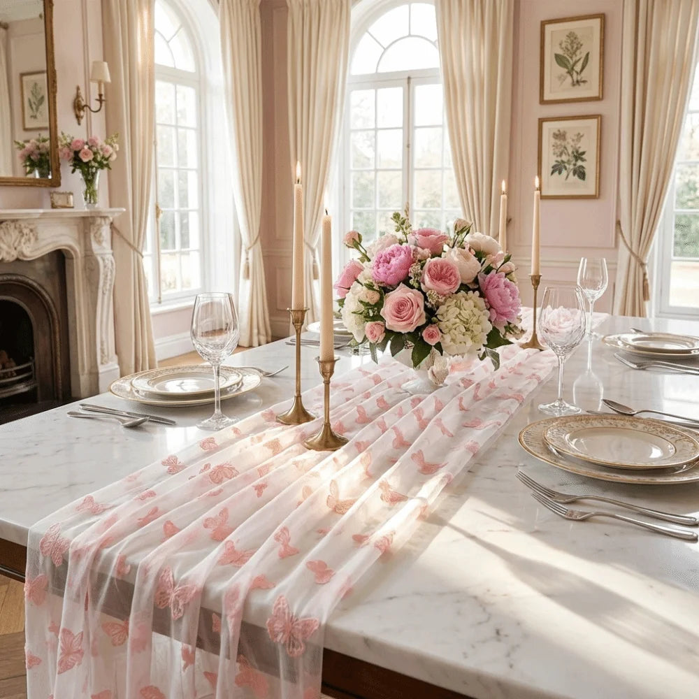 nappe décorative transparente papillons brodés rose violet blanche festive romantique table anniversaire élégante événementière