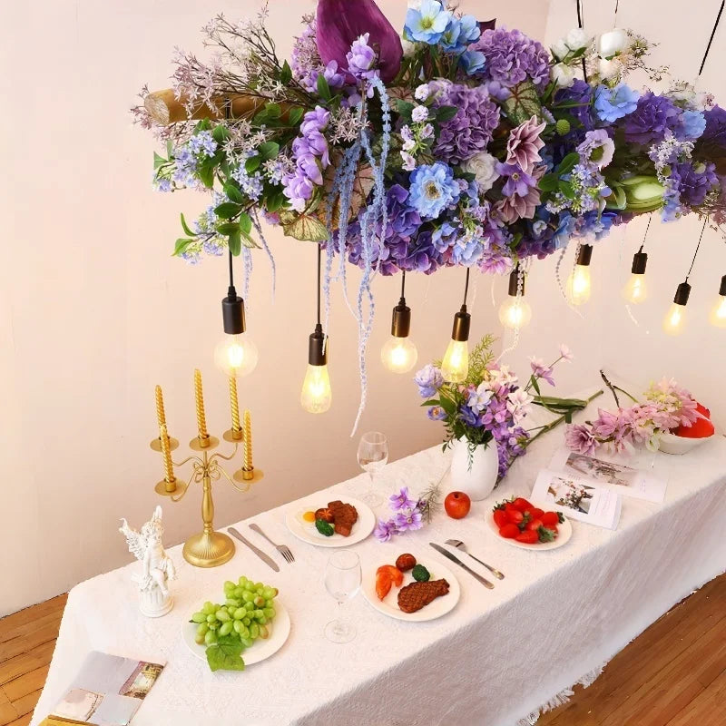 suspension lumineuse moderne violet fleurs artificielles chaîne noire led guirlande interrupteur tactile 2000lm