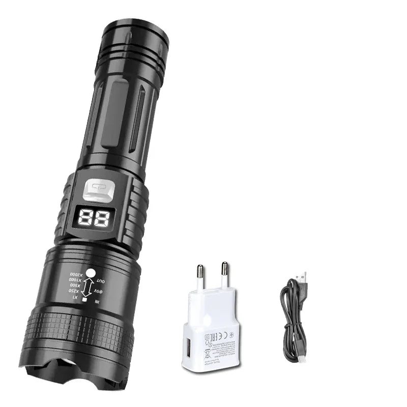 lampe torche rechargeable led noire zoom moderne robuste affichage batterie modes lumiere