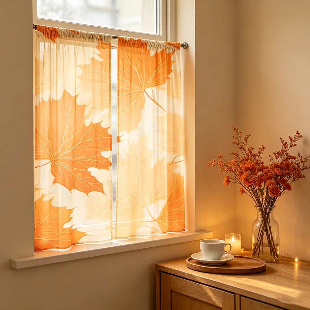 rideau feuilles erable orange moderne anneaux salon chambre 100x130cm