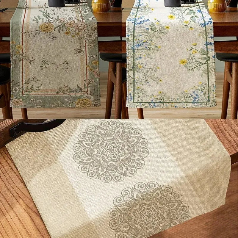 chemin table mandala floral lin rustique vintage 200cm longueur beige blanc cassé