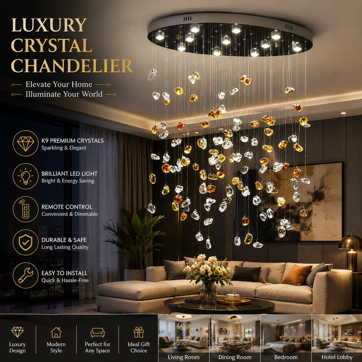 lustre moderne cristal transparent doré pendantes salon chambre