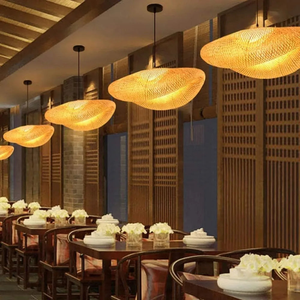 Suspension lumineuse moderne bambou tressé marron clair salon cuisine rustique E27