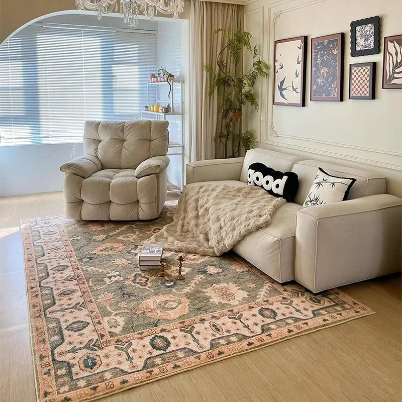 tapis bohème oriental motifs floraux géométriques doux salon moderne rose vert jaune bleu