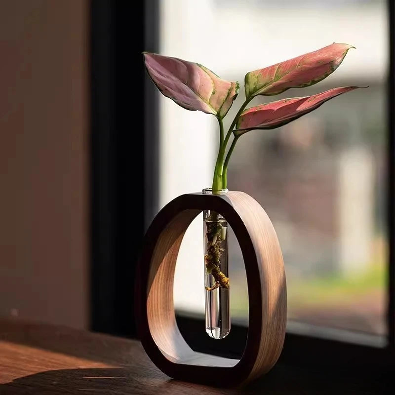 vase fleurs verre transparent bois anthurium plantes table blanche rideaux théière