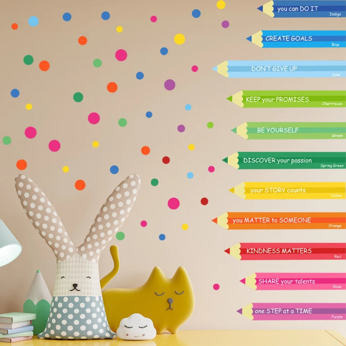 sticker mural crayons colorés messages positifs moderne enfants chambre bleu vert jaune orange rose