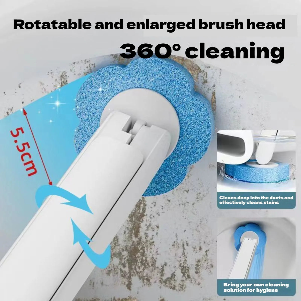 brosse toilette jetable blanc bleu texture granulée support transparent nettoyage moderne pratique