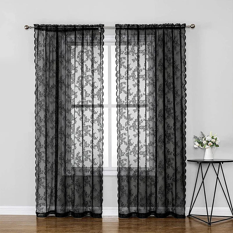 rideaux polyester dentelle fleur noir salon festifs pastorales romantiques