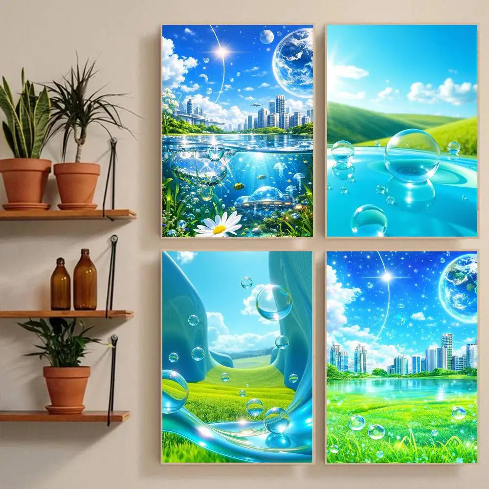 affiche murale moderne paysagiste urbaine fleurs bulles ciel planète cadre