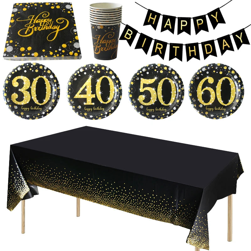 Set de décorations anniversaire adulte 30-60 ans avec nappe et tasses