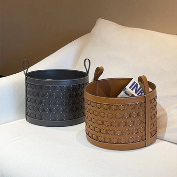 panier cuir motif géométrique noir beige marron clair moderne poignées métalliques opacité contemporain rangement