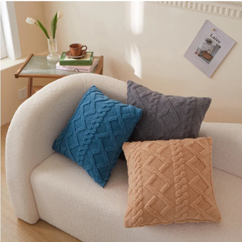 taies oreiller peluche jacquard géométrique couleurs rose beige bleu moderne salon chambre lit