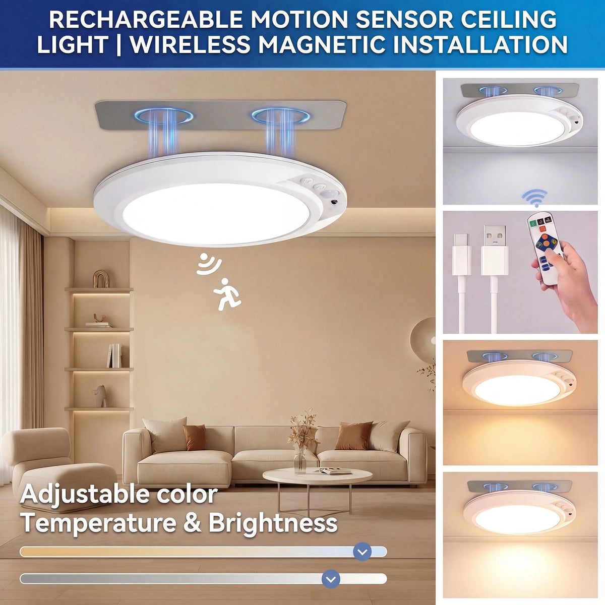 lampe moderne blanc rechargeable usb détecteur mouvement télécommande ajustement luminosité couleur