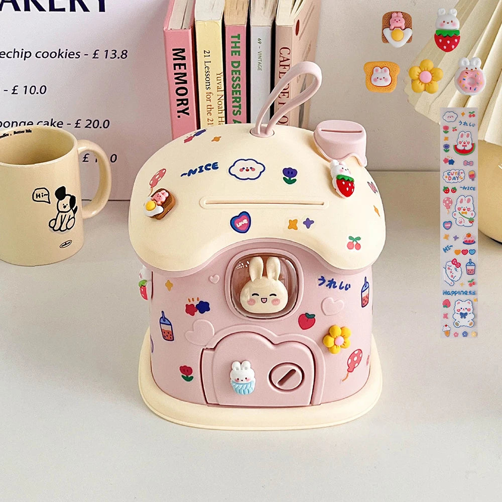 jouet maison banque rose bleu lapins ballons fruits cartoon enfant porte fenetre poignée cute