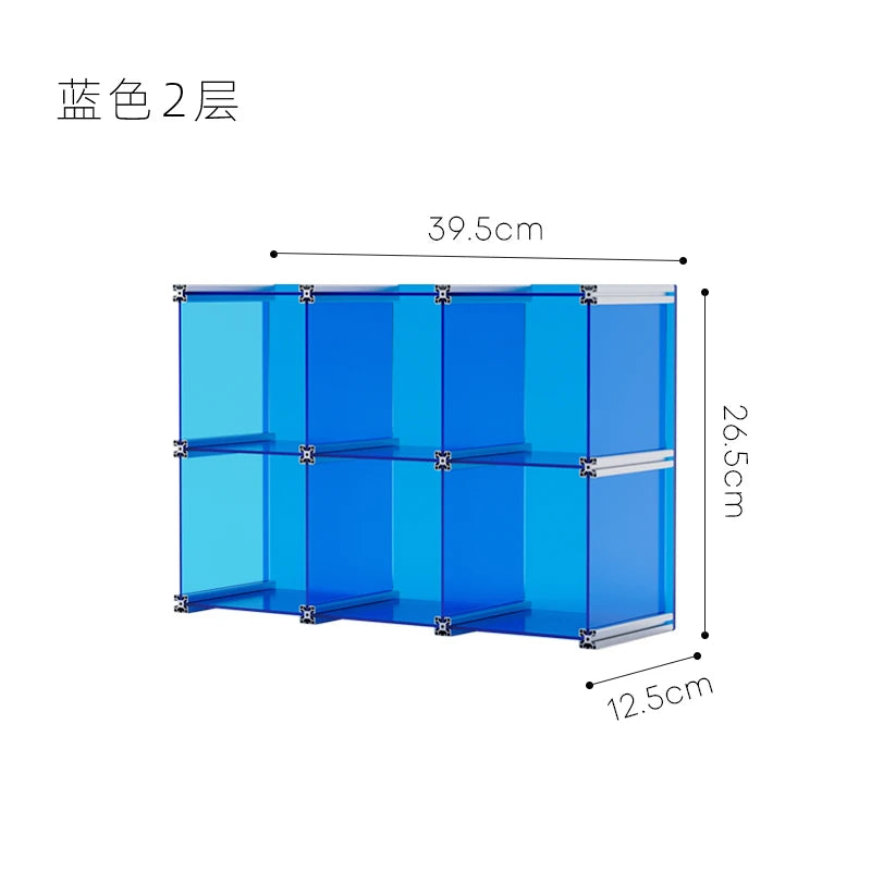 organisateur rangement modulaire transparent bleu clips métalliques compartiments tasses bouteilles bol assiette gâteau tablette