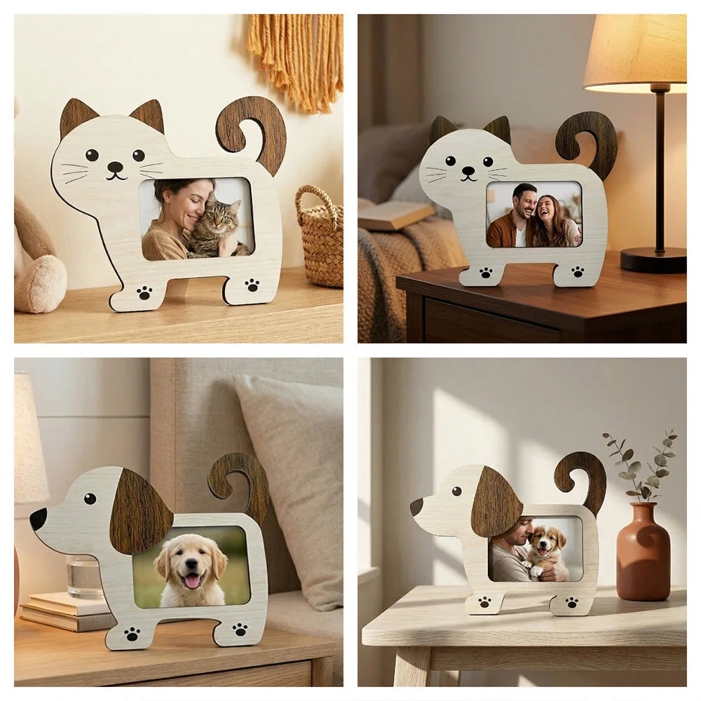 cadre photo bois moderne chat chien blanc brun moderne animalier decoration