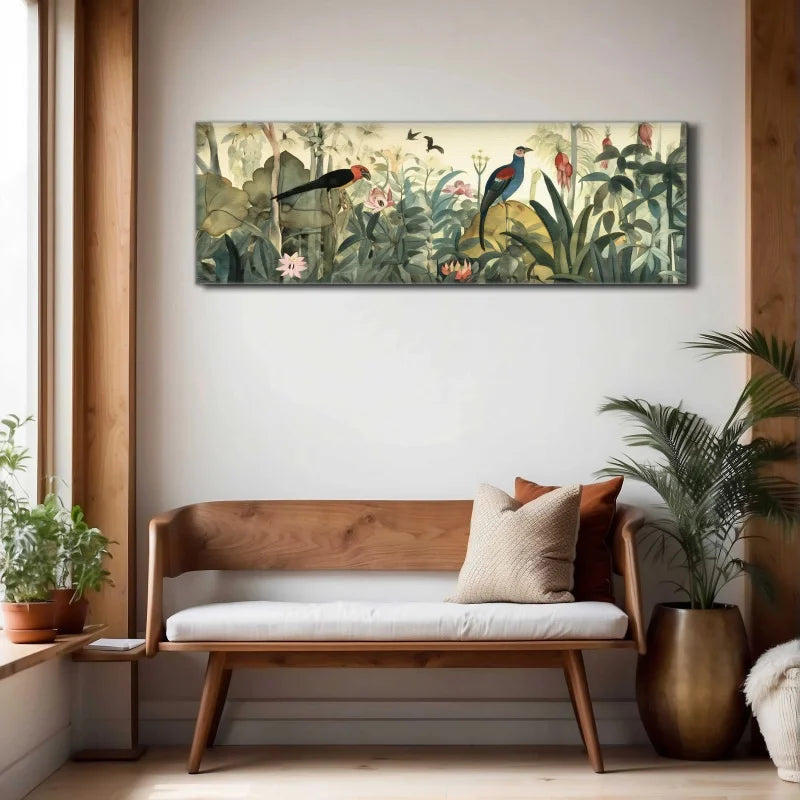 toile peinte paysage oiseaux fleurs plantes multicolore verte rouge noire blanche