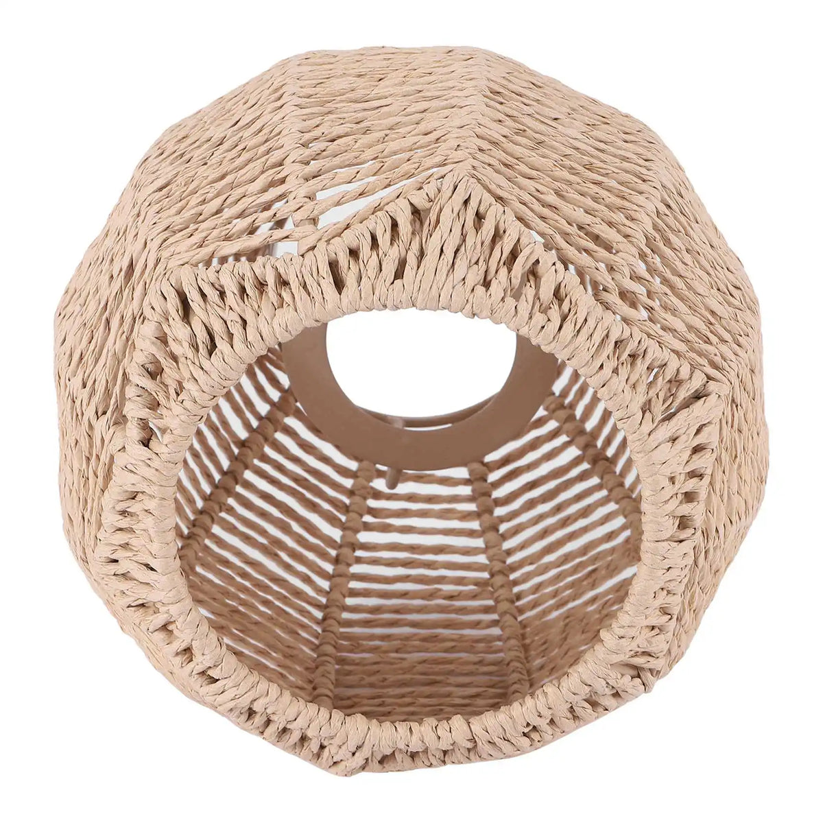 abat jour tissé rattan motif géométrique rustique opacité beige clair anneaux central lumière artisanal