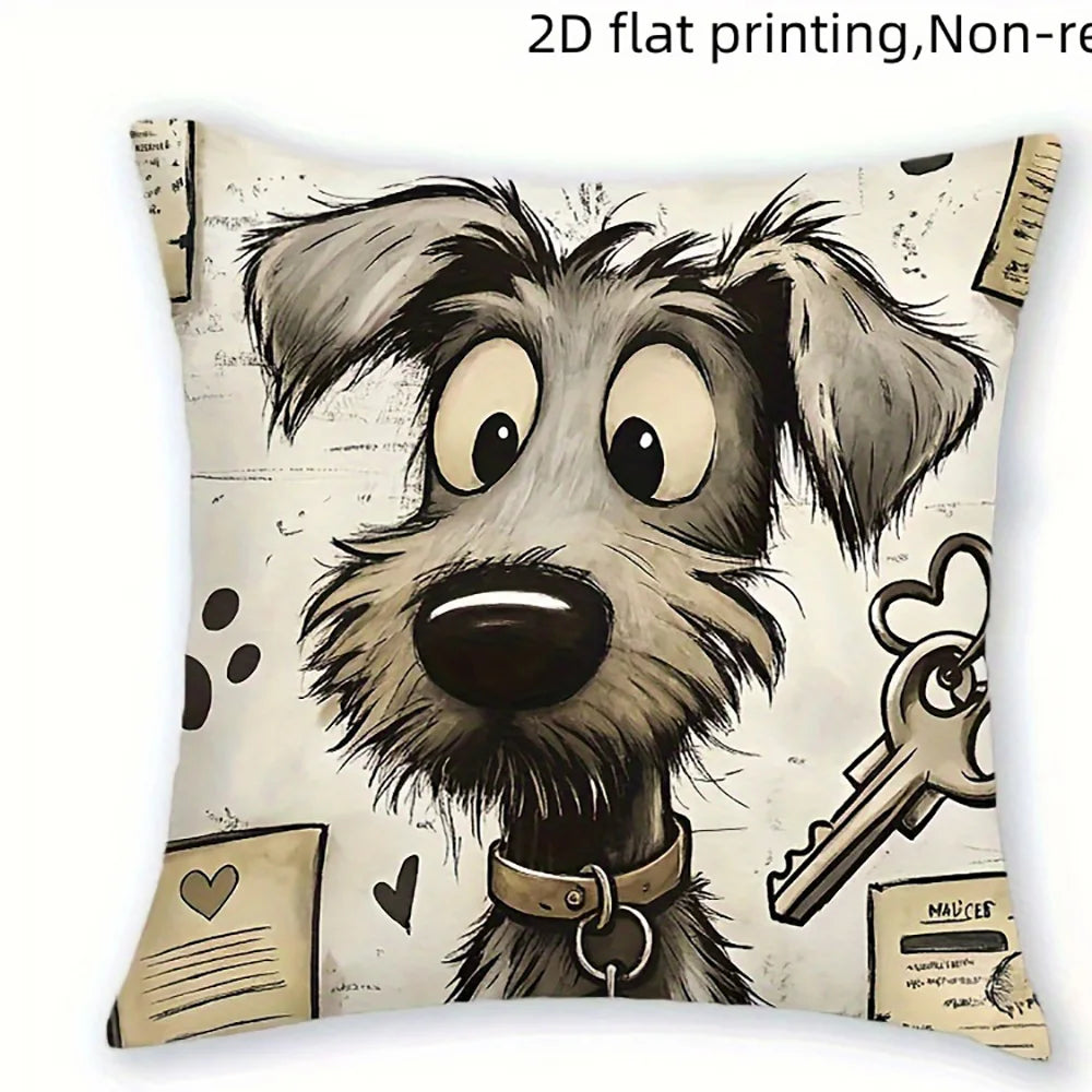 coussin chien mignon coeurs clés illustration cartoon blanc noir beige