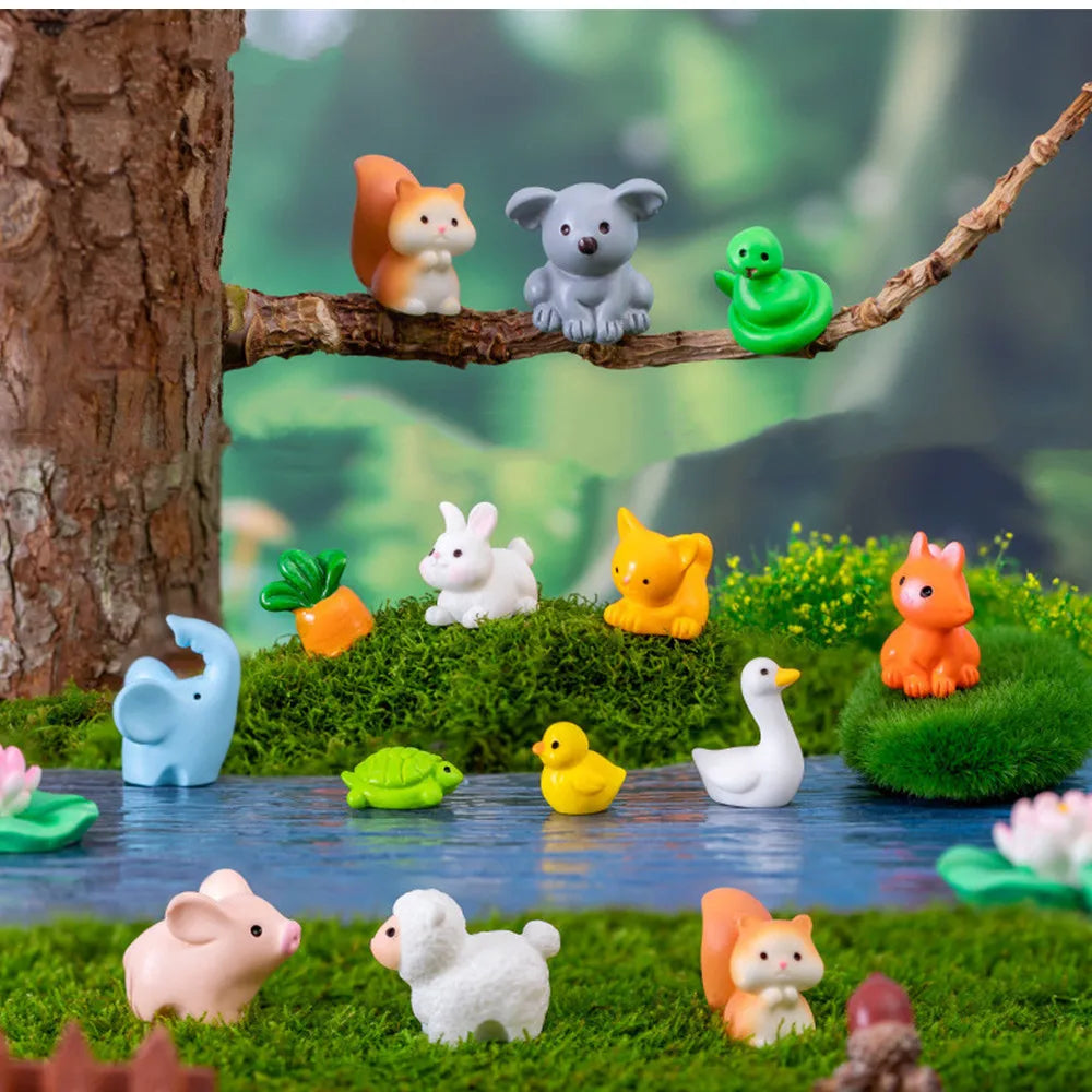 figurines animaux miniatures decoration maison poupée jardin féerique cartoon orange gris vert blanc rose