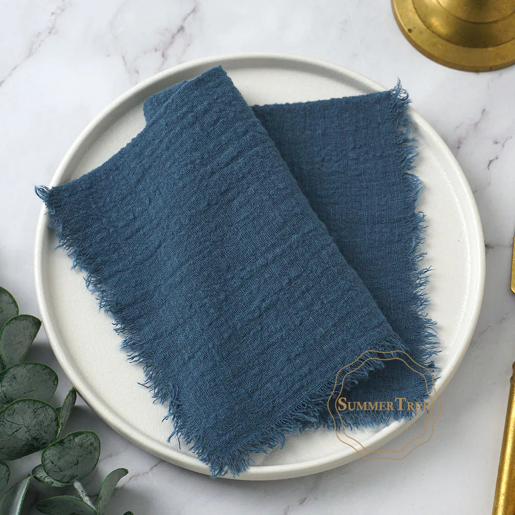 serviettes table coton beige bleu marine franges rustique réutilisables pack 20 cm32cm