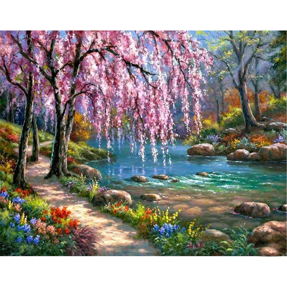tableau paysage floral broderie point croix coton moderne peinture DIY kit écheveau toile