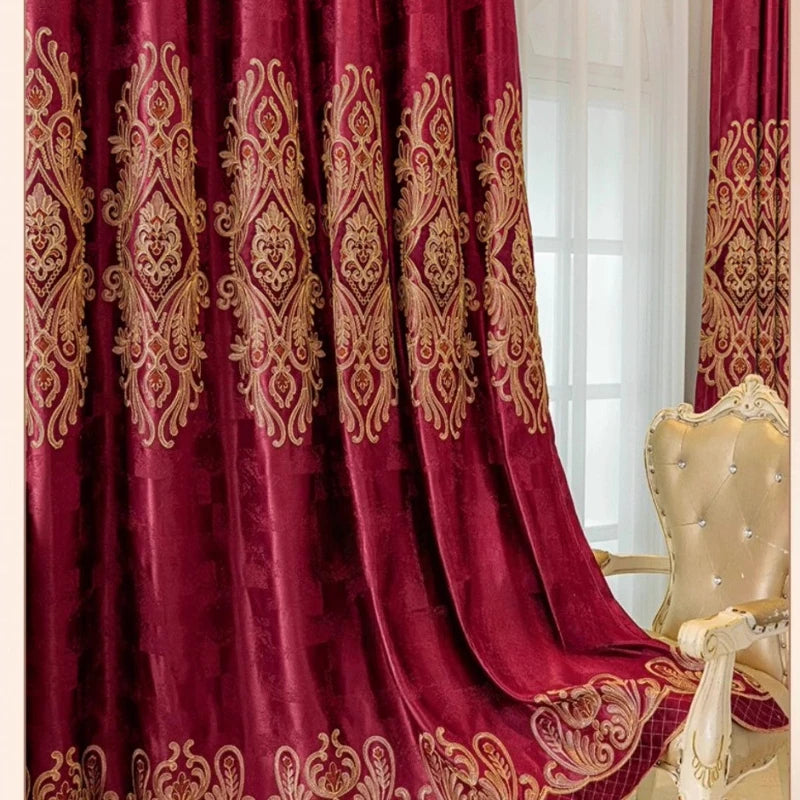 rideau velours rouge bordeaux doré broderie classique élégant occultant salon fenêtre moderne