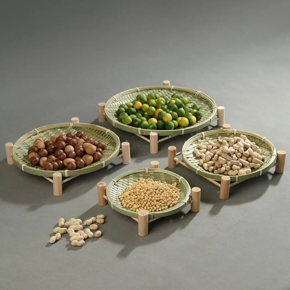 assiettes bambou tissées vert clair beige assiettes traditionnelles empilables multifonctionnels pieds bois