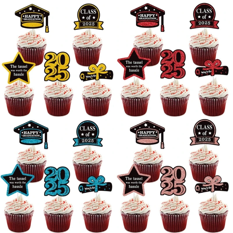 décorations cupcakes fête anniversaire glitter doré noir bleu vert piques messages graduation chiffres