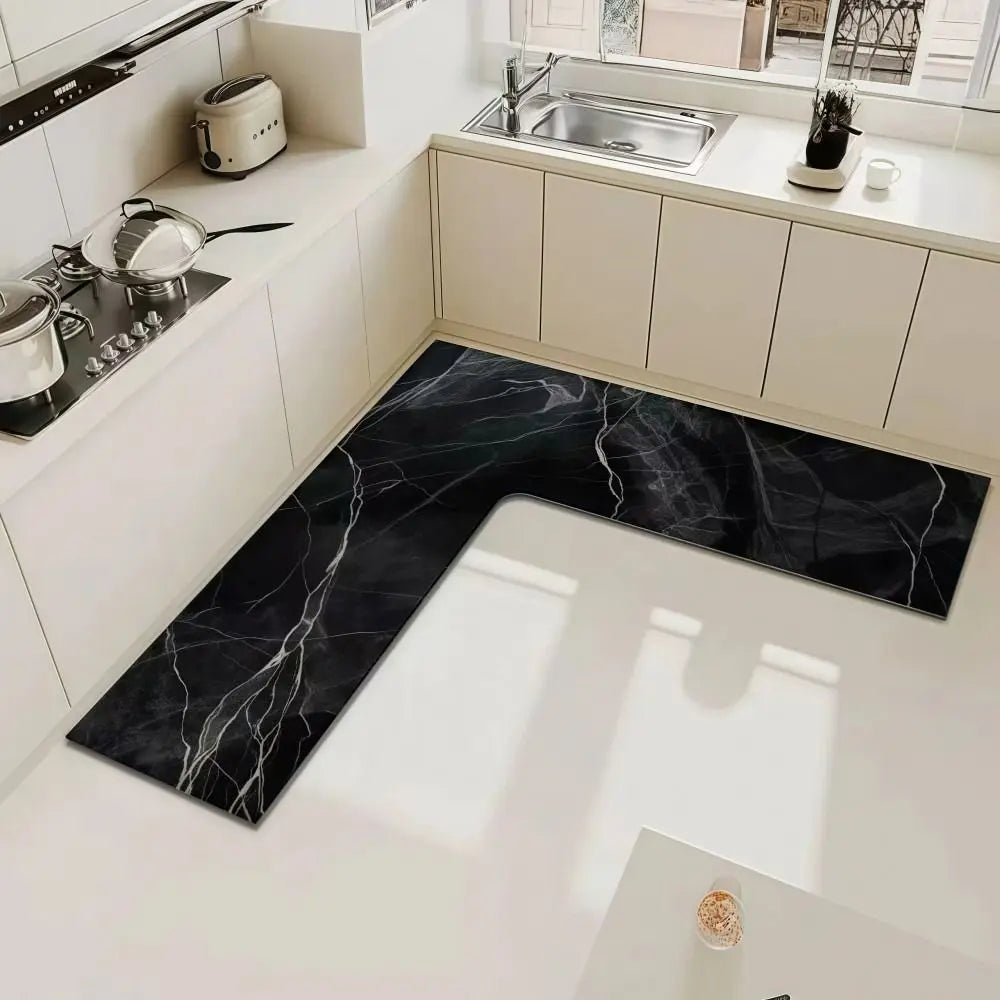 tapis cuisine marbre noir veines blanches moderne antidérapant lavable polyester noir blanc