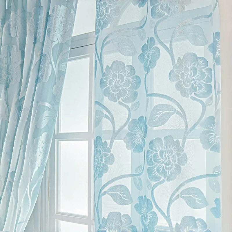 rideau floral bleu clair polyester translucide moderne tringle intimité salon chambre