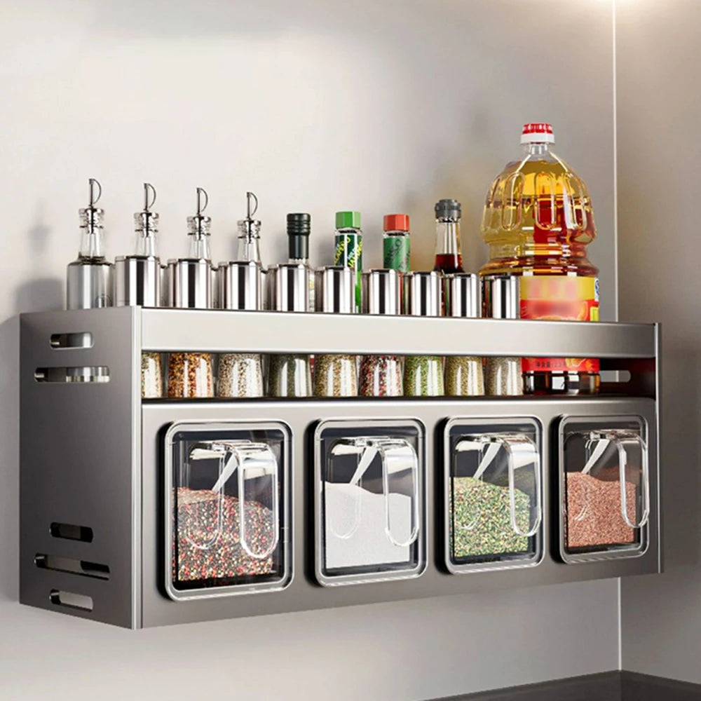 rangement condiments gris transparent moderne acier brillant fixations murales conteneurs couvercles multifonctionnels