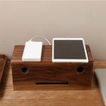 boîte rangement câbles bois marron clair moderne boite chargeur tablette blanc minimaliste
